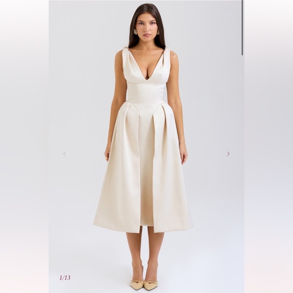 House of CB Dresses & Skirts - HOUSE OF CB "Paloma" Vintage Cream Satin Pleated Midi Dress NWOT